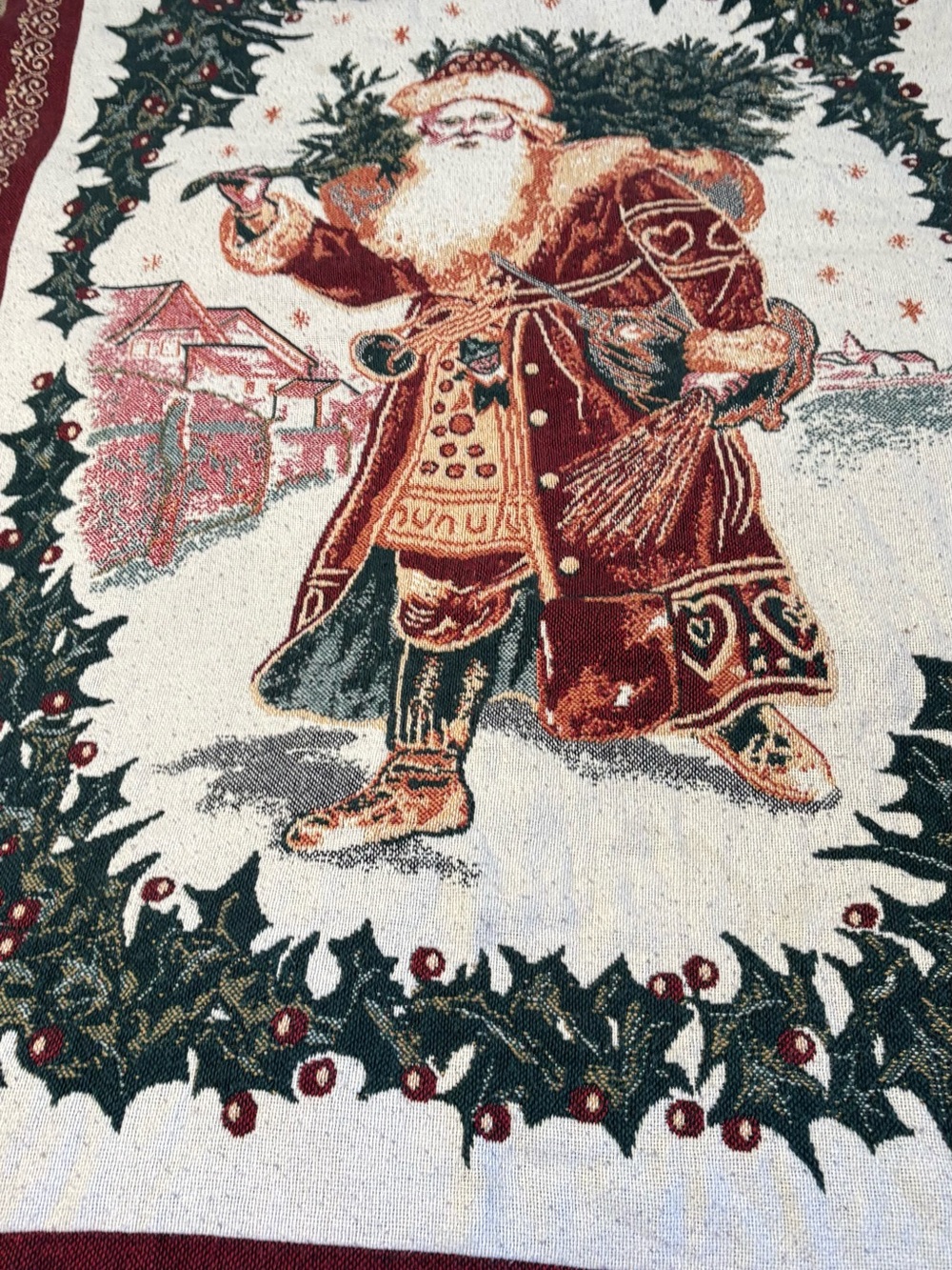 Festive Santa Tapestry Throw Blanket in Red, Green & Cream